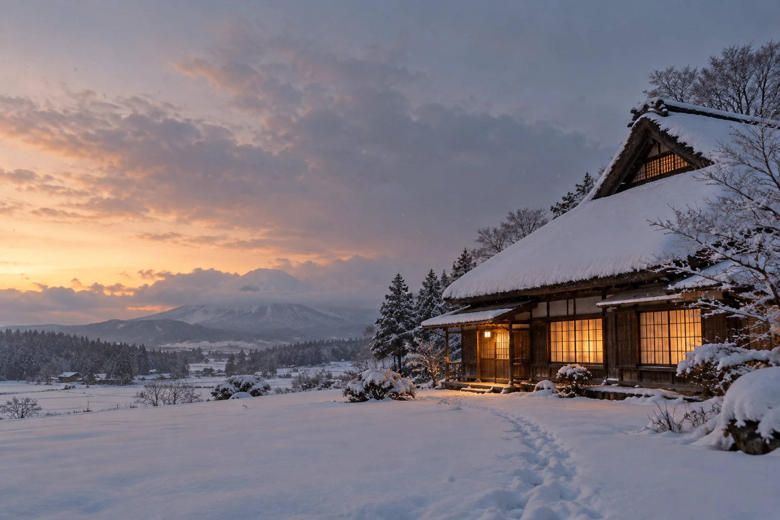 雪に包まれた夕暮れの宿
