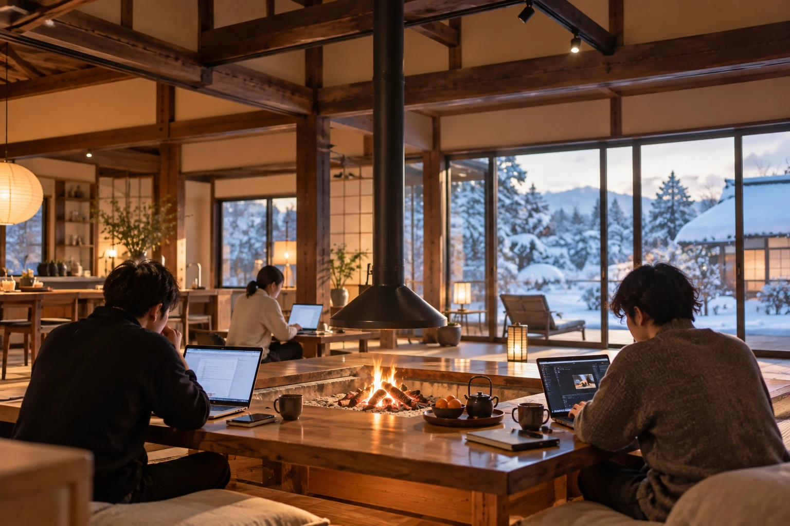 夜の宿で、ノートPCに向かう人たち